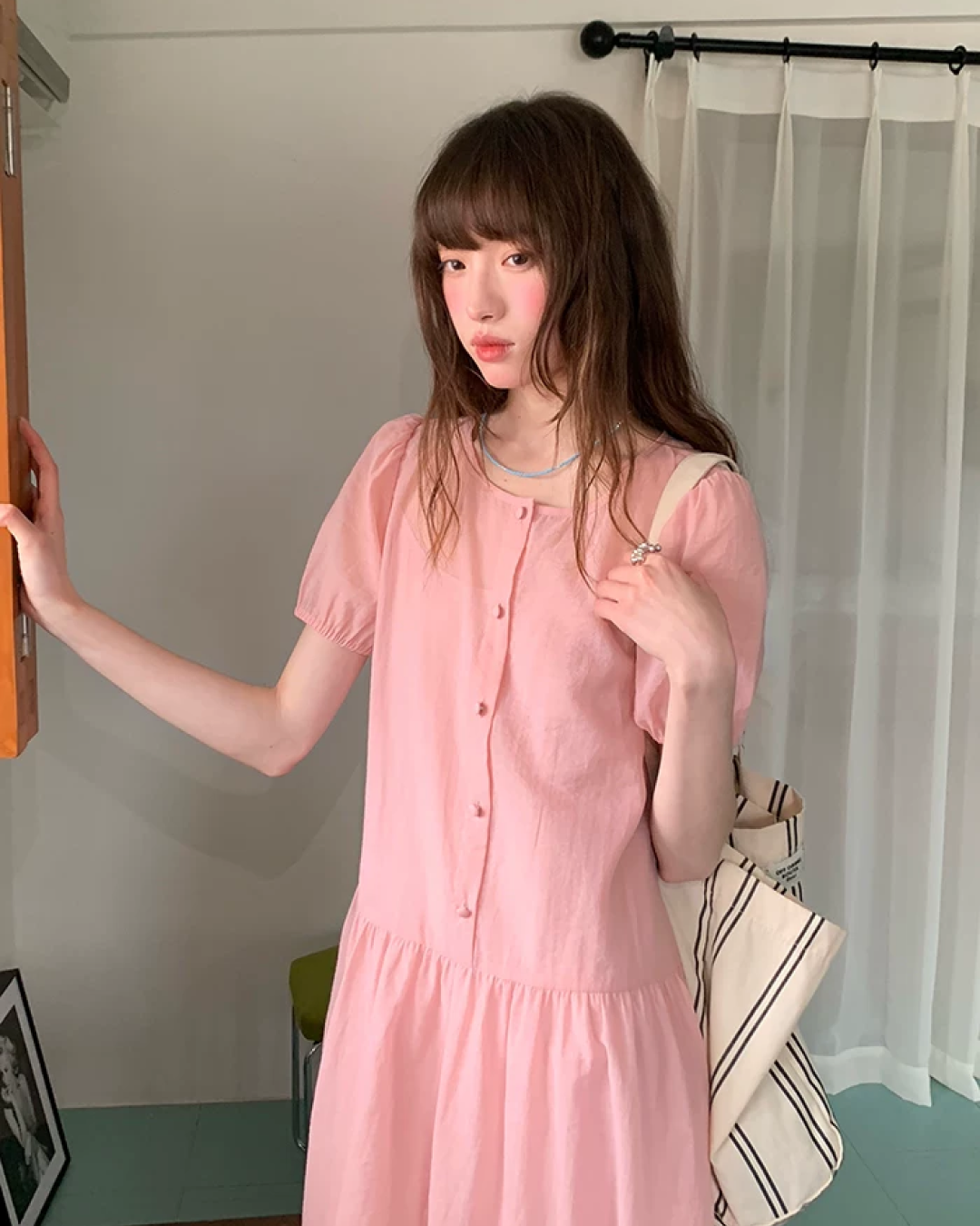 Button Short Sleeve Long Dress BU0217