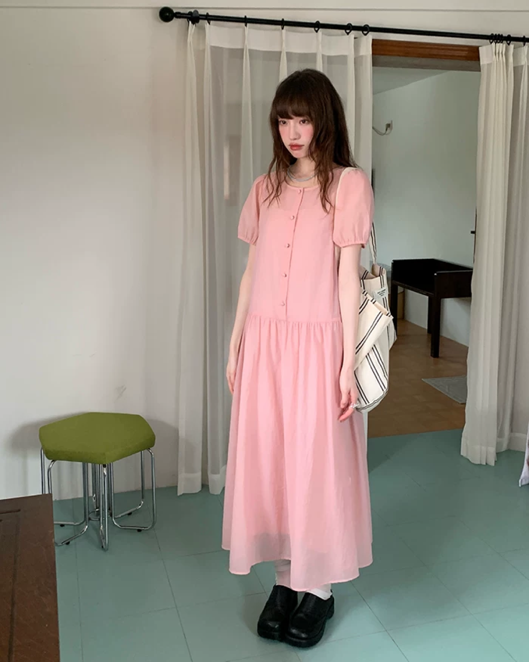 Button Short Sleeve Long Dress BU0217