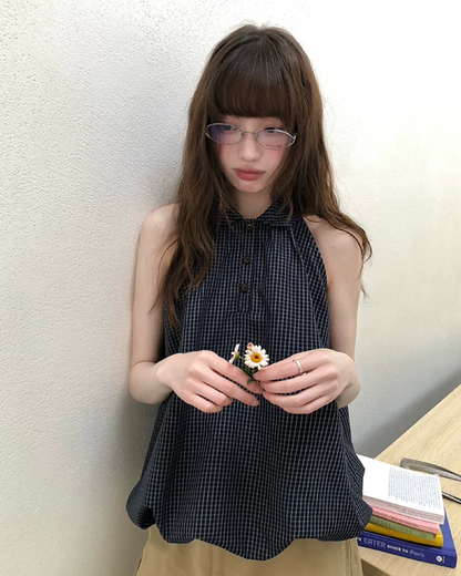Sleeveless Plaid Pattern Shirt  BU0219