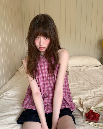 Sleeveless Plaid Pattern Shirt  BU0219