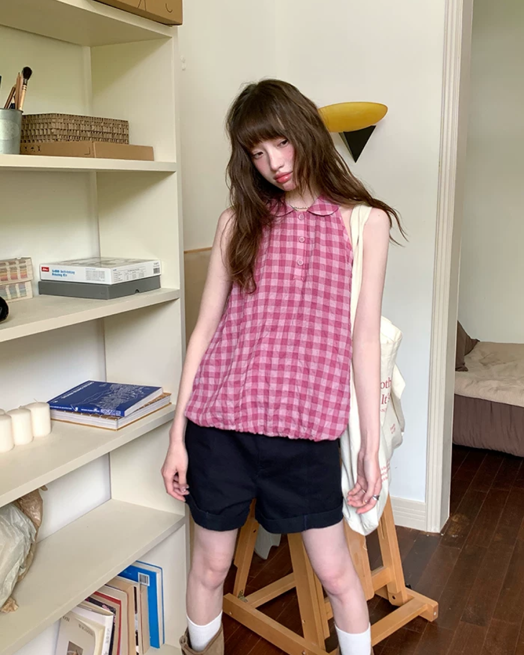 Sleeveless Plaid Pattern Shirt  BU0219