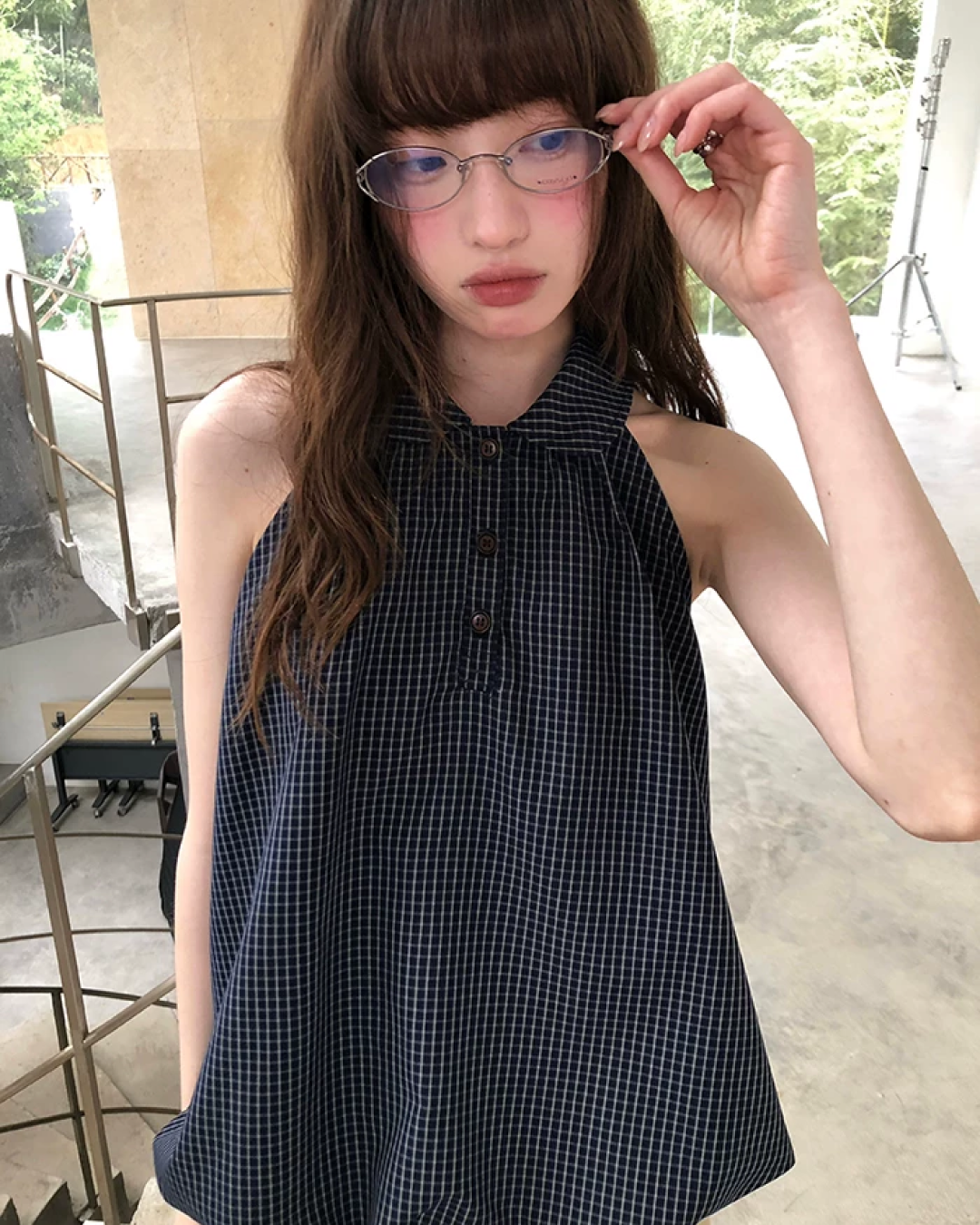 Sleeveless Plaid Pattern Shirt  BU0219