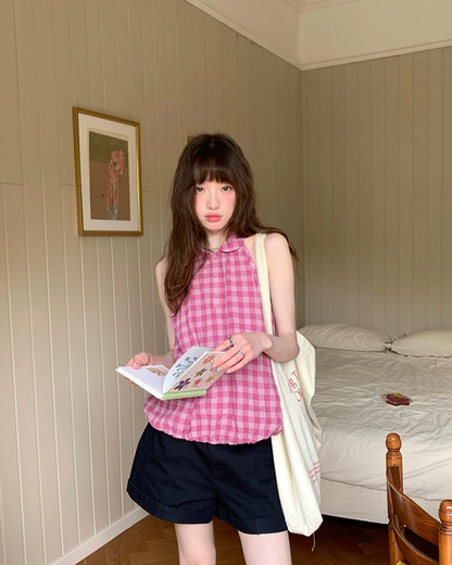 Sleeveless Plaid Pattern Shirt  BU0219