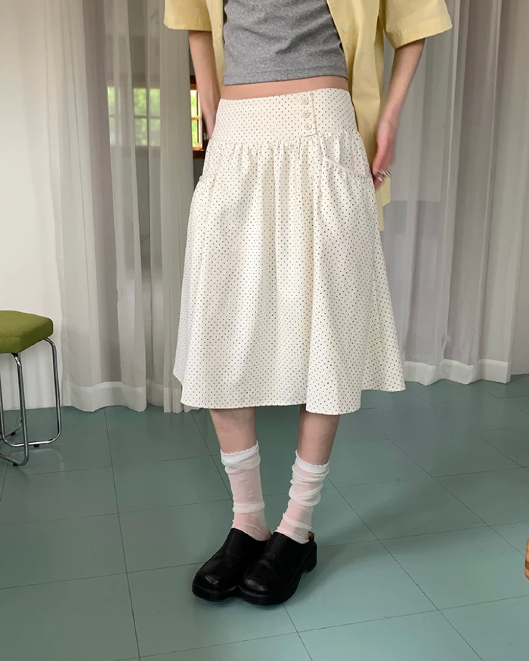 Polka Dot Button Long Skirt BU0235