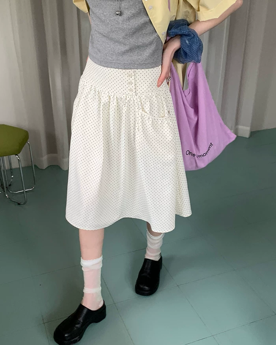 Polka Dot Button Long Skirt BU0235