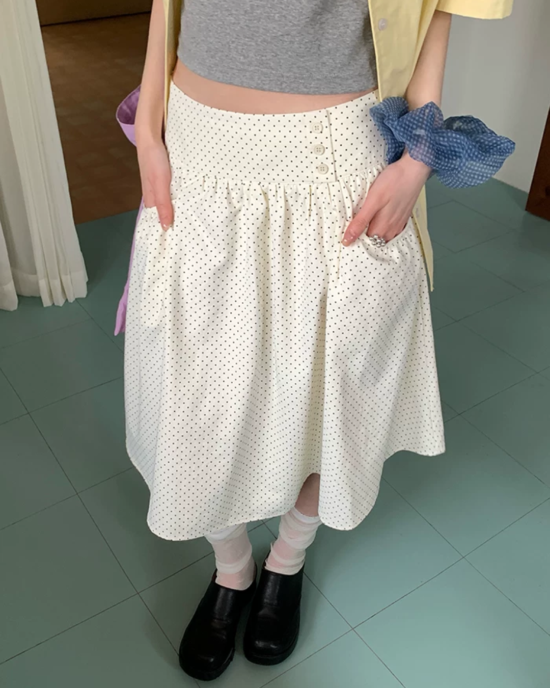 Polka Dot Button Long Skirt BU0235