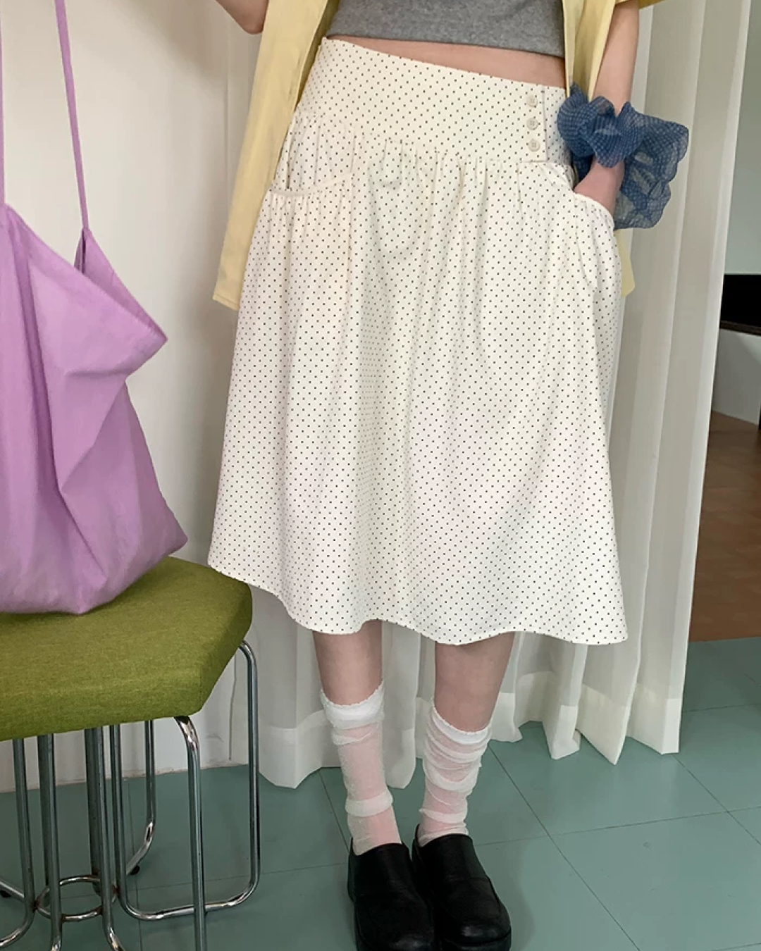 Polka Dot Button Long Skirt BU0235