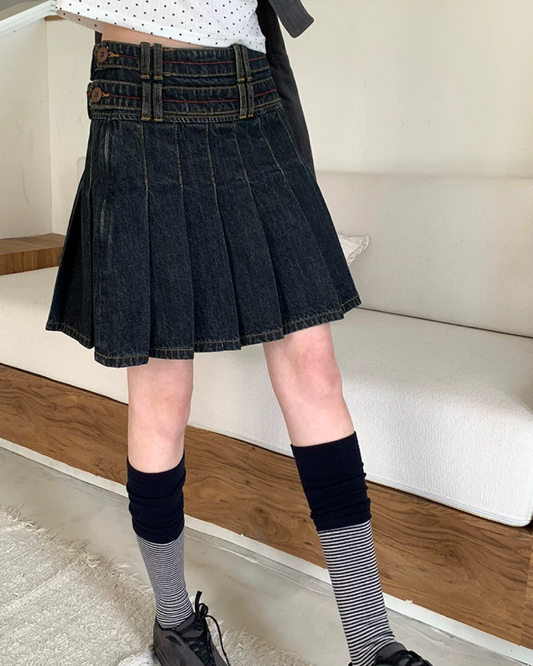 Short Pleats Denim Skirt BU0236