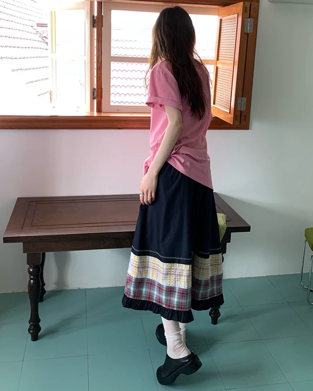 Switching Pattern Long Skirt BU0237