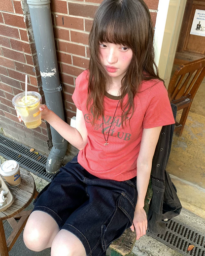 Horizontal Stripes Lettering T-Shirt BU0243