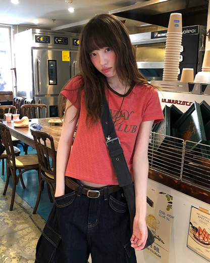 Horizontal Stripes Lettering T-Shirt BU0243
