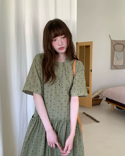 Green Pattern Half Sleeve Dress BU0247