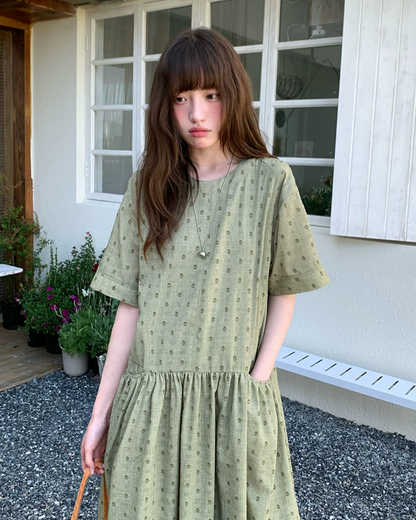 Green Pattern Half Sleeve Dress BU0247