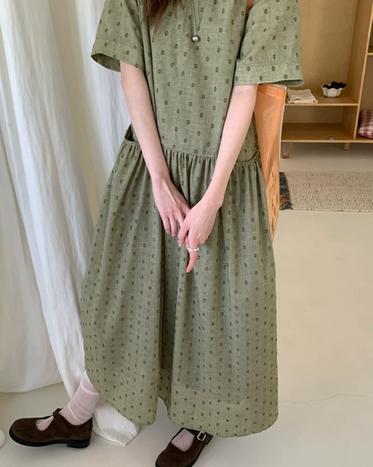 Green Pattern Half Sleeve Dress BU0247