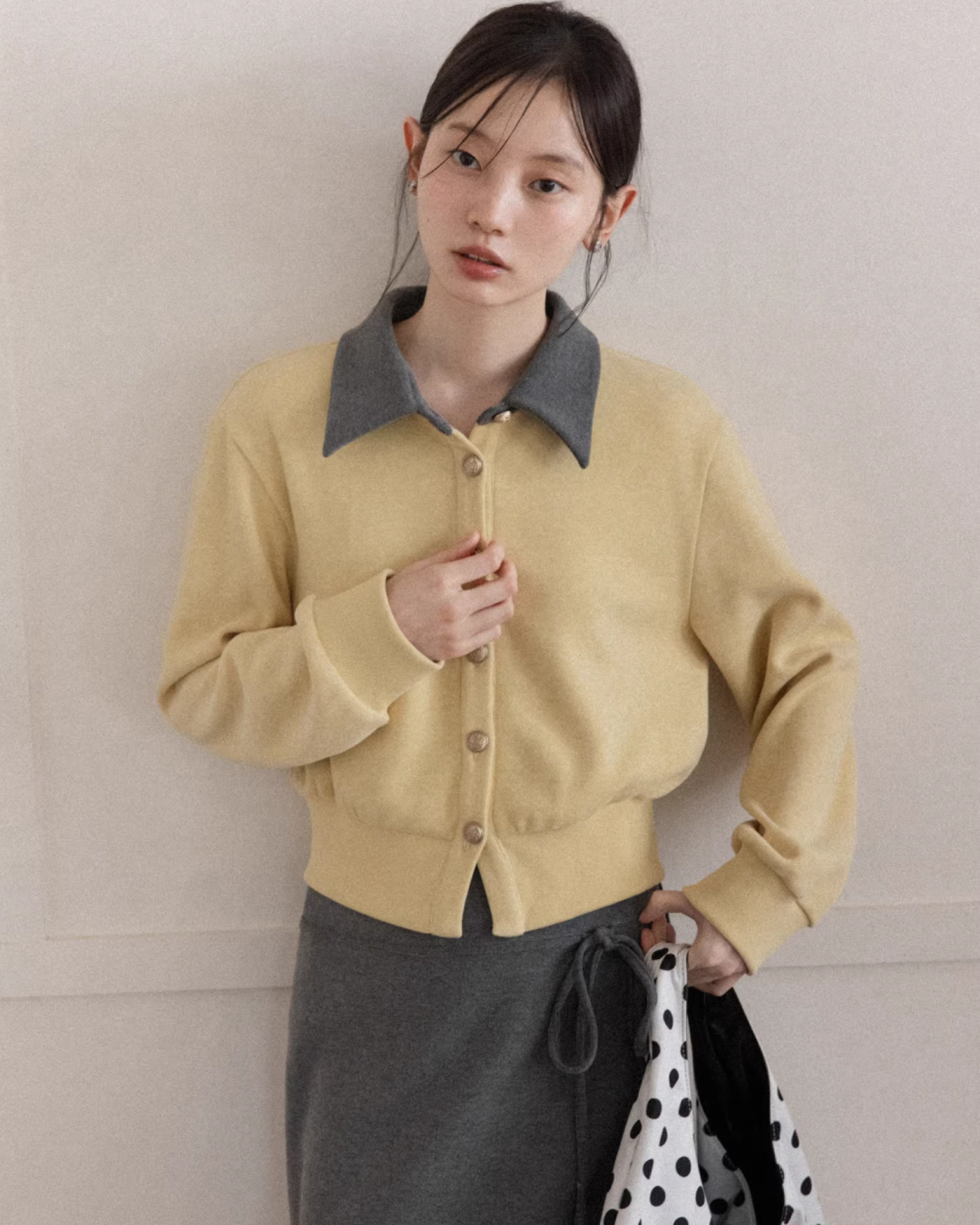 Yellow Bicolor Shirt Gray Long Skirt CA0012