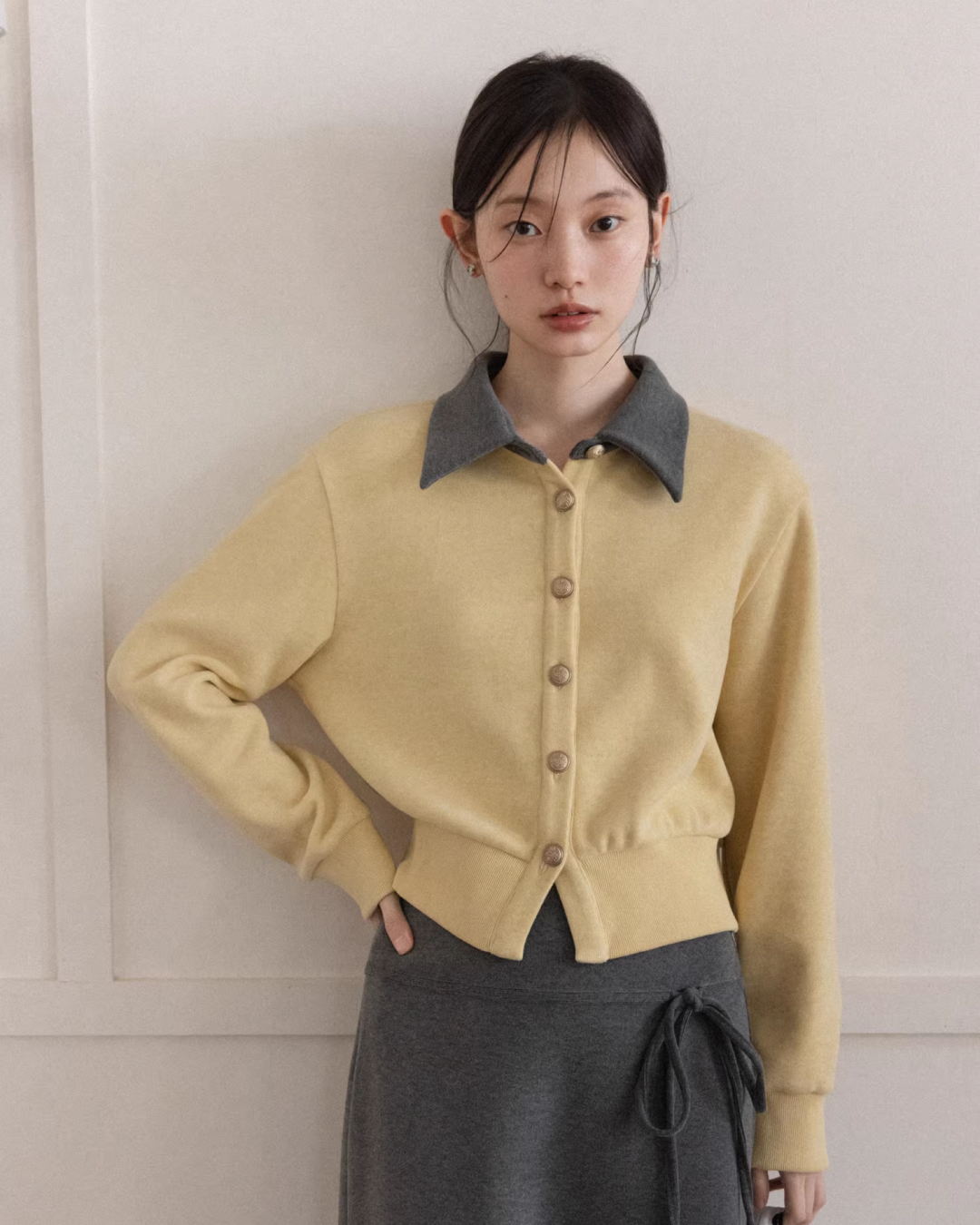 Yellow Bicolor Shirt Gray Long Skirt CA0012