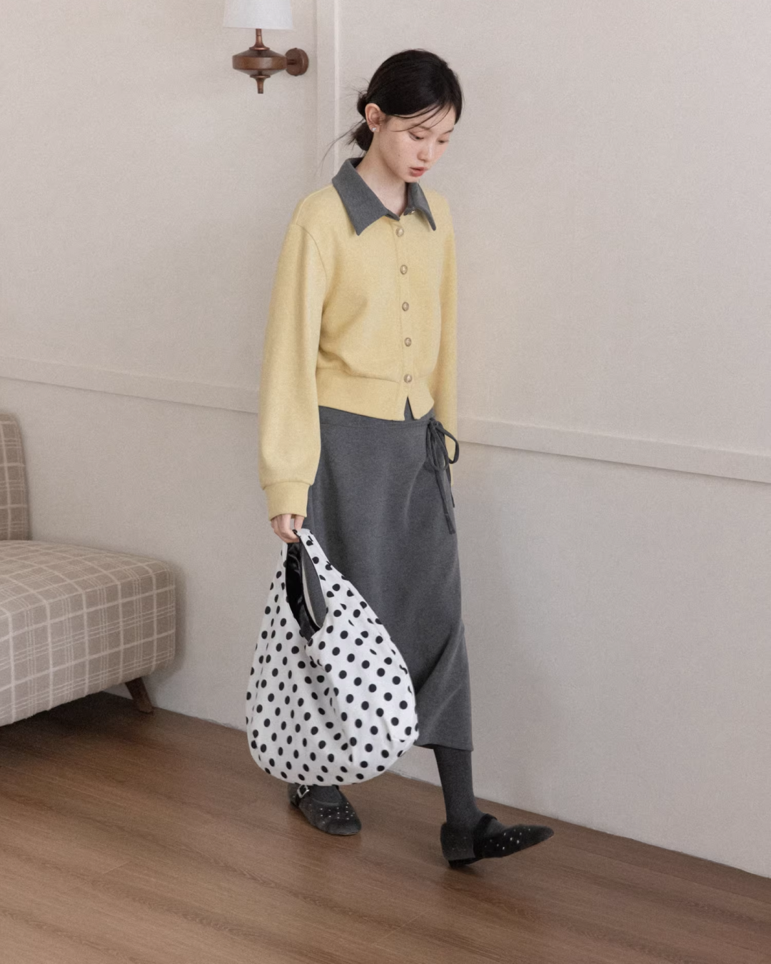 Yellow Bicolor Shirt Gray Long Skirt CA0012
