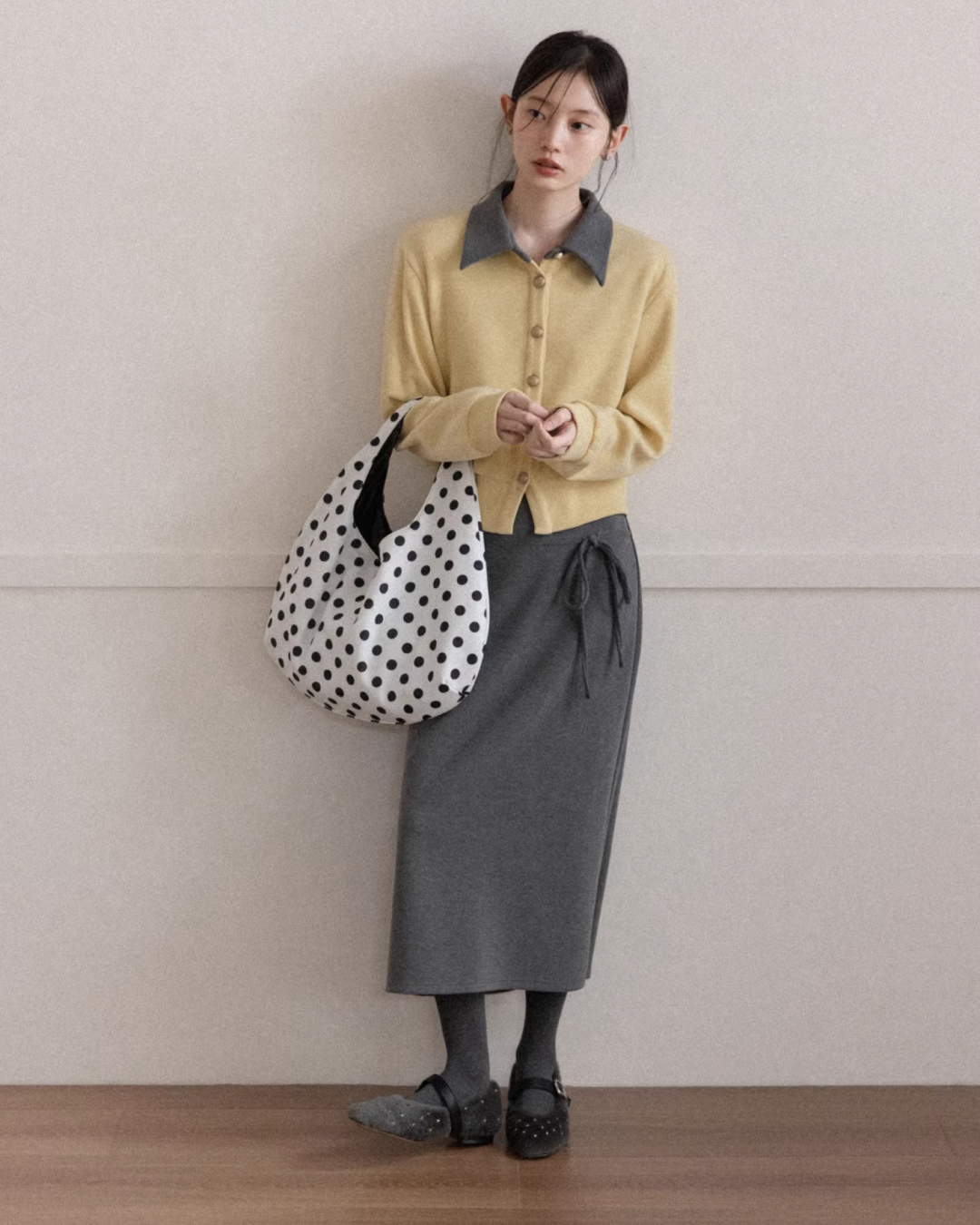 Yellow Bicolor Shirt Gray Long Skirt CA0012
