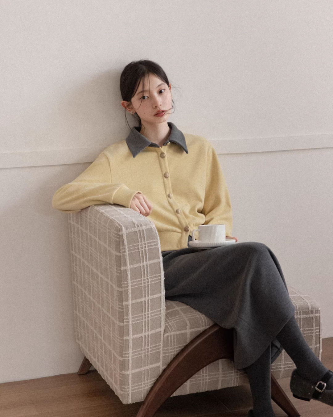 Yellow Bicolor Shirt Gray Long Skirt CA0012