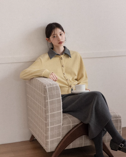 Yellow Bicolor Shirt Gray Long Skirt CA0012