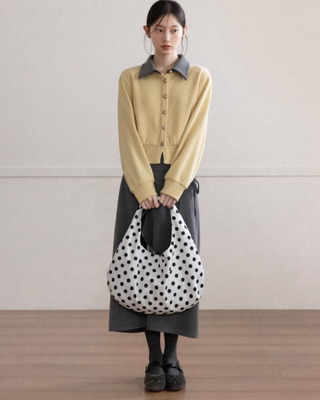 Yellow Bicolor Shirt Gray Long Skirt CA0012