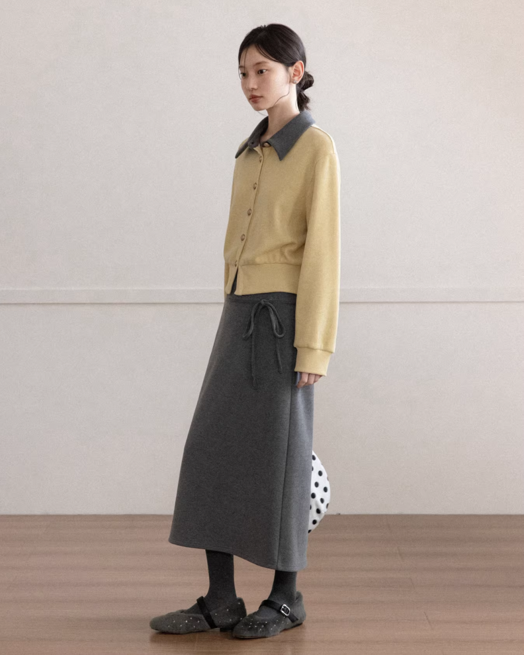 Yellow Bicolor Shirt Gray Long Skirt CA0012