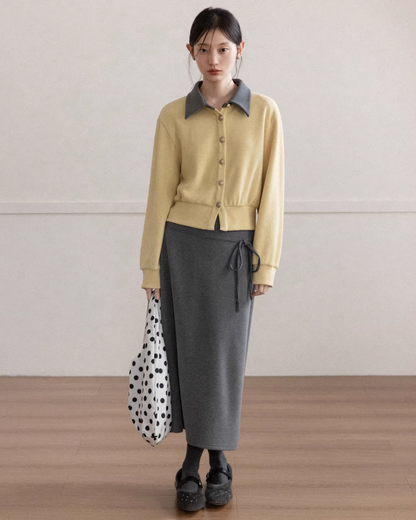 Yellow Bicolor Shirt Gray Long Skirt CA0012