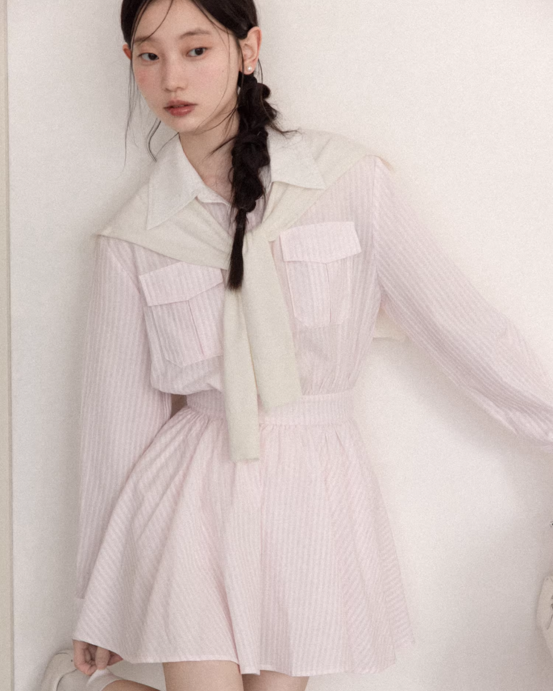 Pink Stripe Cardigan Shirt Dress CA0013