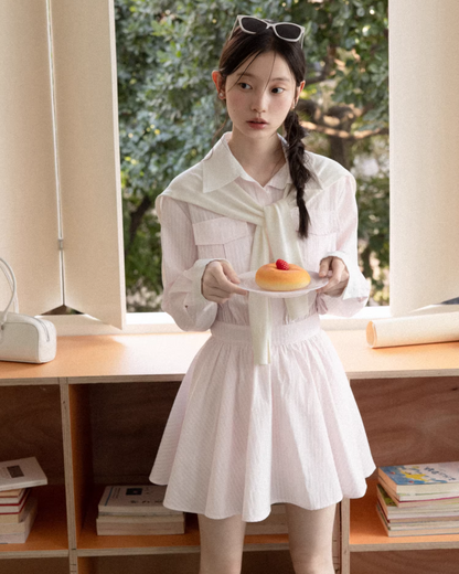 Pink Stripe Cardigan Shirt Dress CA0013