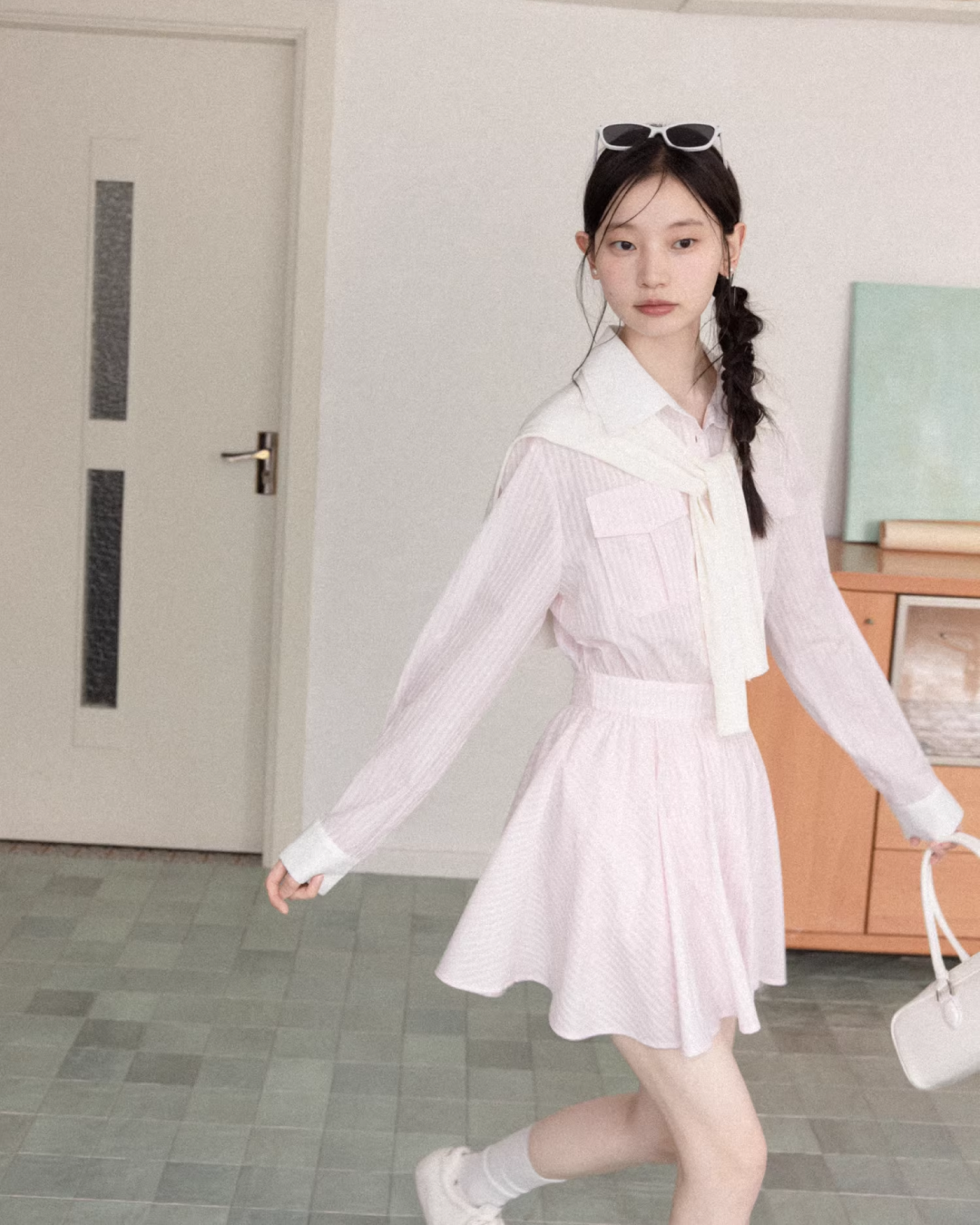 Pink Stripe Cardigan Shirt Dress CA0013