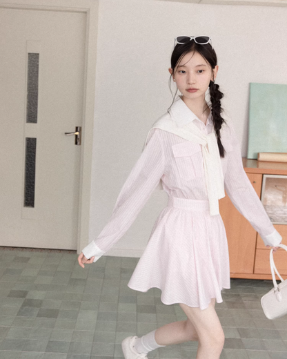 Pink Stripe Cardigan Shirt Dress CA0013
