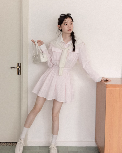 Pink Stripe Cardigan Shirt Dress CA0013