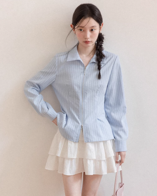 Stripe Ribbon Zip Jacket & Frill Short Skirt CA0014