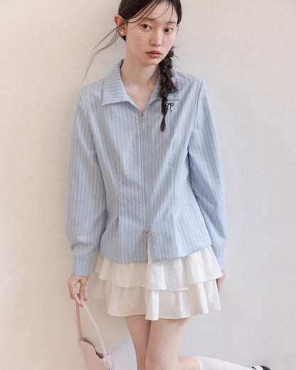 Stripe Ribbon Zip Jacket & Frill Short Skirt CA0014