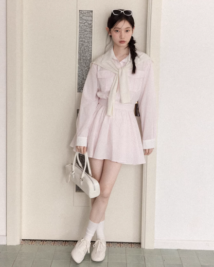 Stripe Ribbon Zip Jacket & Frill Short Skirt CA0014