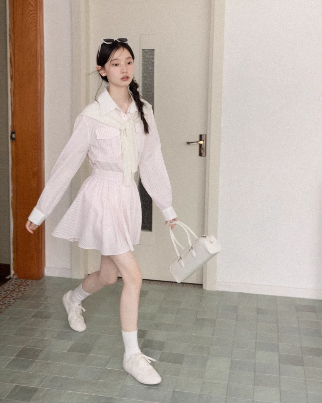 Stripe Ribbon Zip Jacket & Frill Short Skirt CA0014