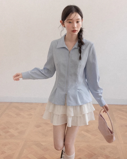 Stripe Ribbon Zip Jacket & Frill Short Skirt CA0014