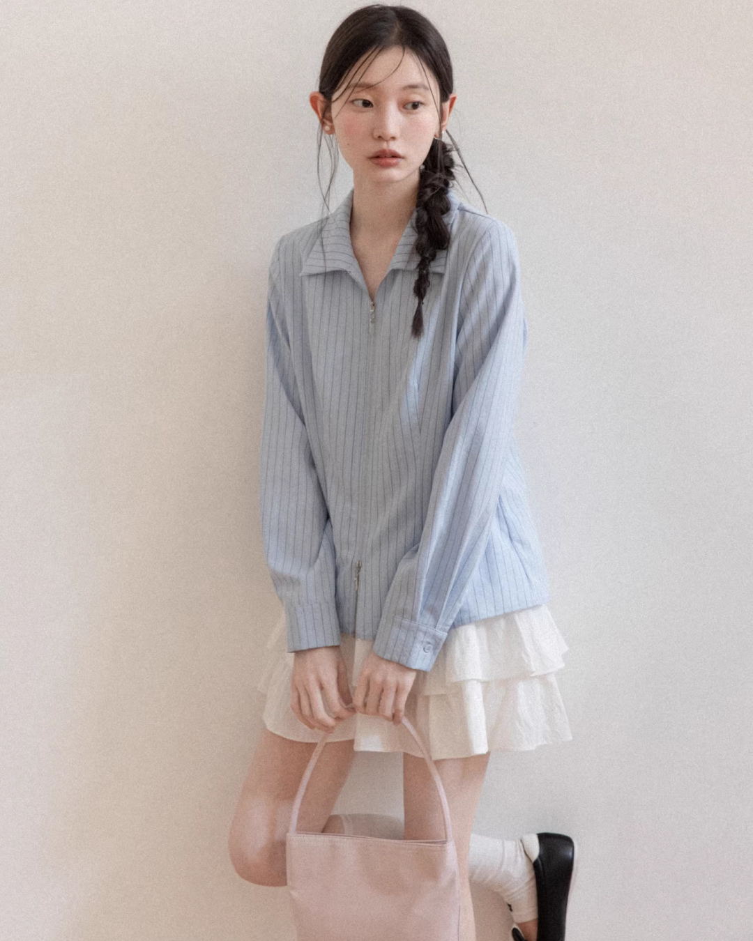 Stripe Ribbon Zip Jacket & Frill Short Skirt CA0014