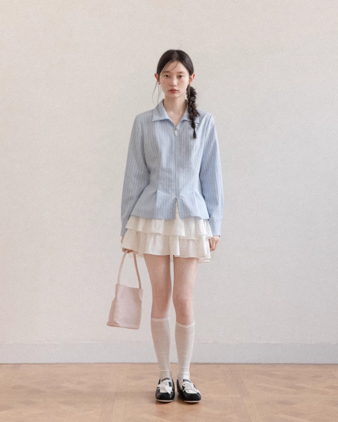 Stripe Ribbon Zip Jacket & Frill Short Skirt CA0014