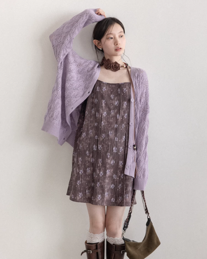Purple Knit Cardigan & Flower Pattern Camisole Dress CA0016