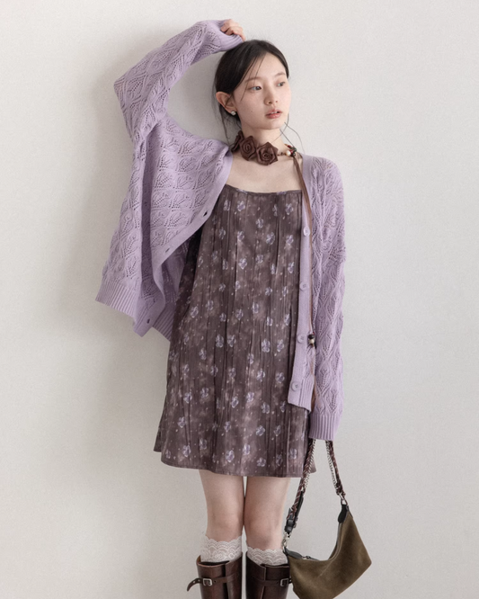Purple Knit Cardigan & Flower Pattern Camisole Dress CA0016