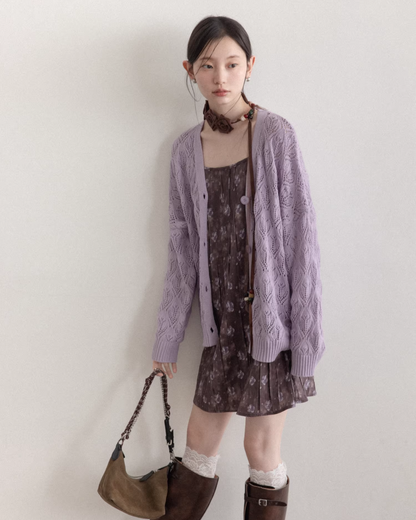 Purple Knit Cardigan & Flower Pattern Camisole Dress CA0016