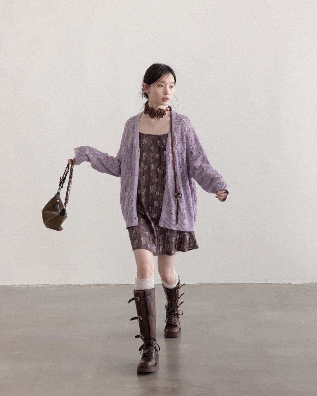 Purple Knit Cardigan & Flower Pattern Camisole Dress CA0016