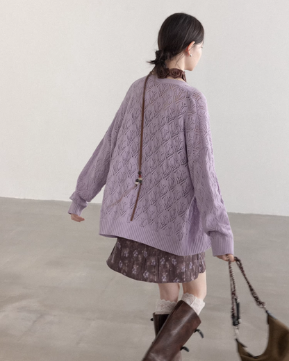 Purple Knit Cardigan & Flower Pattern Camisole Dress CA0016