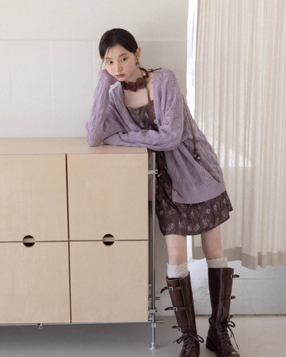 Purple Knit Cardigan & Flower Pattern Camisole Dress CA0016