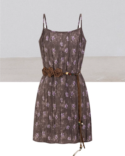 Purple Knit Cardigan & Flower Pattern Camisole Dress CA0016