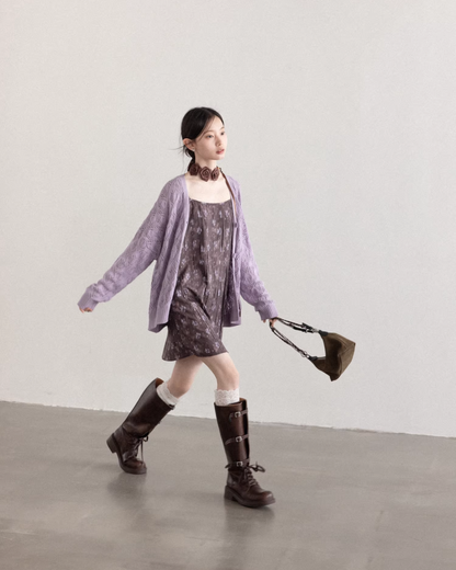 Purple Knit Cardigan & Flower Pattern Camisole Dress CA0016