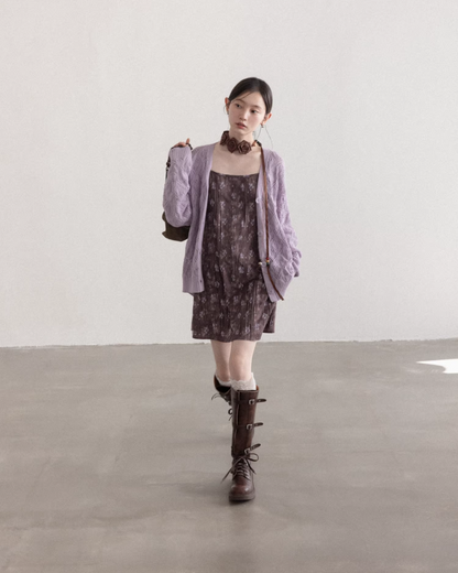 Purple Knit Cardigan & Flower Pattern Camisole Dress CA0016