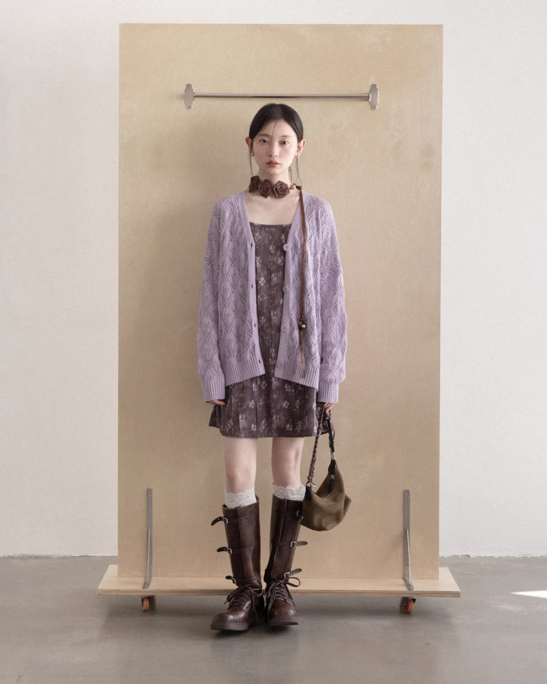 Purple Knit Cardigan & Flower Pattern Camisole Dress CA0016