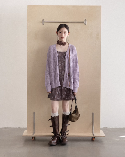 Purple Knit Cardigan & Flower Pattern Camisole Dress CA0016